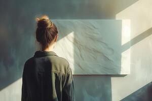 AI generated Female viewer gazes at an abstract painting in a gallery setting, backlit by natural light photo