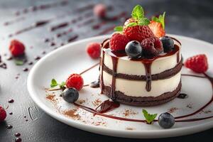 AI generated Exquisite chocolate mousse cake topped with berries and mint, drizzled with syrup photo