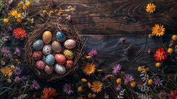 AI generated Colorful easter eggs in nest amongst spring flowers photo