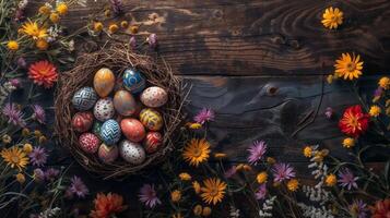 ai generado vistoso Pascua de Resurrección huevos en nido entre primavera flores foto