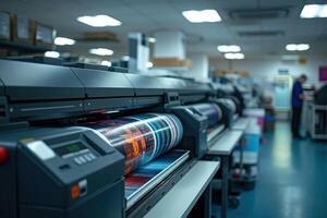 AI generated High-quality large format printers working on colorful designs in a professional print shop photo