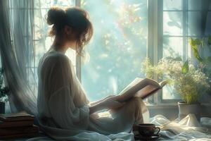 ai generado joven mujer disfruta un pacífico momento leyendo un libro en un iluminado por el sol, acogedor habitación foto