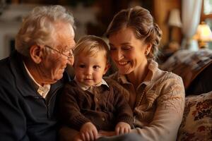 AI generated Warm portrait of a senior man, young woman, and toddler enjoying time together photo