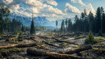 ai generado pacífico bosque claro con montaña fondo foto