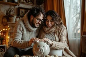 AI generated Couple saving money together at home photo