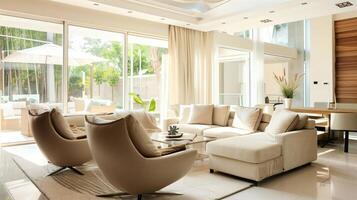 AI generated Modern spacious living room interior with natural light photo