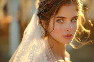 AI generated Young bride gazes softly, draped in a delicate veil during golden hour photo