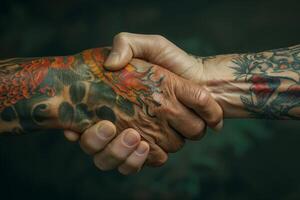 AI generated Close-up of a vibrant, tattooed handshake symbolizing a unique connection photo