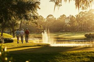 AI generated Golfers walking on the course near water hazard at sunset photo