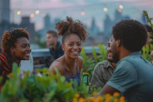 AI generated Young adults share a happy moment at a rooftop party with city skyline in the background photo