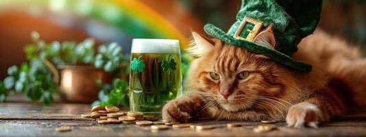 ai generado festivo gato en duende sombrero con S t. patrick's día cerveza foto