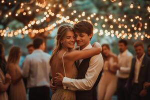 AI generated Young couple in an intimate embrace, dancing at an outdoor evening party photo
