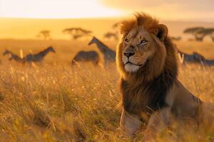 ai generado magnífico masculino león se sienta entre césped con cebras en el antecedentes a amanecer foto