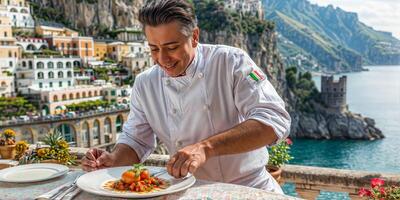 ai generado profesional cocinero agrega el refinamiento toque a un gastrónomo plato en un terraza con vista a el mar foto