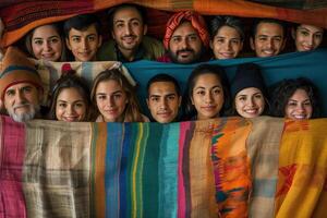 ai generado un multicultural formación de amigos sonrisa cómodamente debajo vibrante textiles foto