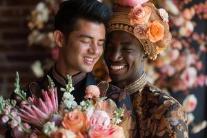 ai generado alegre multiétnico Pareja celebrando con flores foto