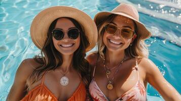 AI generated Two happy young women in sunglasses and sun hats smiling by the pool photo
