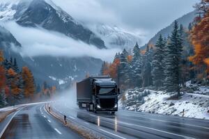 ai generado majestuoso montaña la carretera camionaje en otoño foto