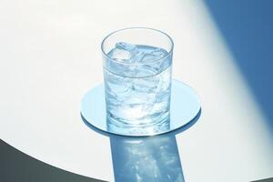 ai generado refrescante y enfriamiento bebida puro agua con hielo cubitos en un transparente vaso en un espejo pararse, directo luz de sol, azul color, minimalismo foto