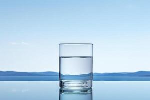 AI generated Minimalism style full one glass of pure and clean spring water standing on mirror lake and mountains on background. photo