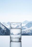 ai generado vertical foto de un lleno vaso de puro mineral agua en un mármol tablero en contra el fondo de Nevado montañas