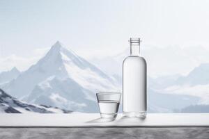 AI generated Mock up premium strong alcohol drink with glass in clear transparent bottle. Russian vodka from melt water concept with mountains on background. Copy space. photo