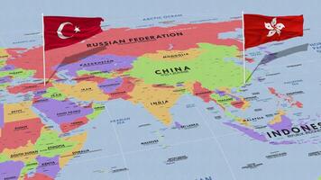 hong kong y Turquía bandera ondulación con el mundo mapa, sin costura lazo en viento, 3d representación video