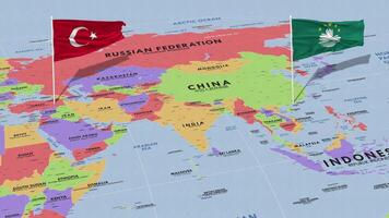 China Macau, Macao and Turkey Flag Waving with The World Map, Seamless Loop in Wind, 3D Rendering video