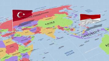 Indonesia and Turkey Flag Waving with The World Map, Seamless Loop in Wind, 3D Rendering video