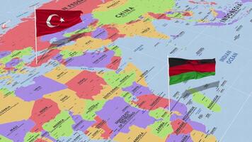 Malawi und Truthahn Flagge winken mit das Welt Karte, nahtlos Schleife im Wind, 3d Rendern video