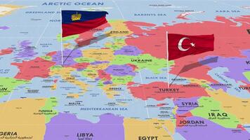 Liechtenstein y Turquía bandera ondulación con el mundo mapa, sin costura lazo en viento, 3d representación video