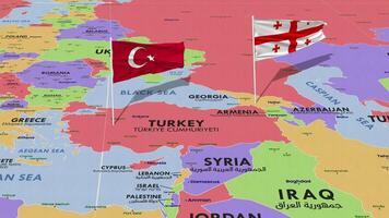 Georgia y Turquía bandera ondulación con el mundo mapa, sin costura lazo en viento, 3d representación video