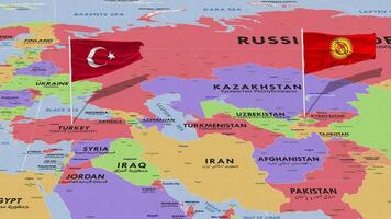 Kirgisistan und Truthahn Flagge winken mit das Welt Karte, nahtlos Schleife im Wind, 3d Rendern video