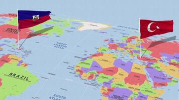 Haiti e Peru bandeira acenando com a mundo mapa, desatado ciclo dentro vento, 3d Renderização video