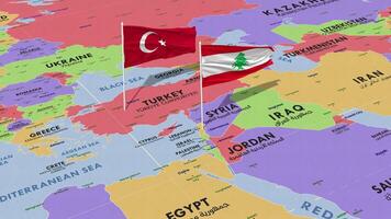 Líbano y Turquía bandera ondulación con el mundo mapa, sin costura lazo en viento, 3d representación video