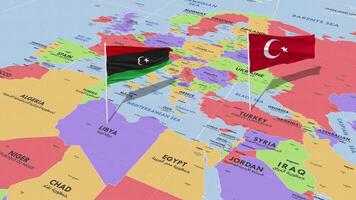 Libia e tacchino bandiera agitando con il mondo carta geografica, senza soluzione di continuità ciclo continuo nel vento, 3d interpretazione video
