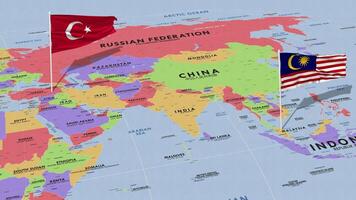 Malaysia and Turkey Flag Waving with The World Map, Seamless Loop in Wind, 3D Rendering video