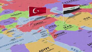 Irak y Turquía bandera ondulación con el mundo mapa, sin costura lazo en viento, 3d representación video