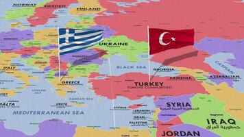 Grecia y Turquía bandera ondulación con el mundo mapa, sin costura lazo en viento, 3d representación video