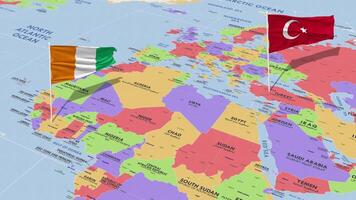 Ivory Coast and Turkey Flag Waving with The World Map, Seamless Loop in Wind, 3D Rendering video