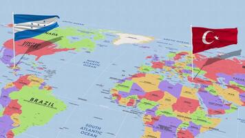 Honduras e Peru bandeira acenando com a mundo mapa, desatado ciclo dentro vento, 3d Renderização video