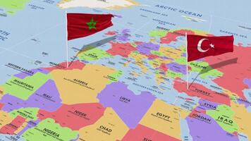 Marocco e tacchino bandiera agitando con il mondo carta geografica, senza soluzione di continuità ciclo continuo nel vento, 3d interpretazione video