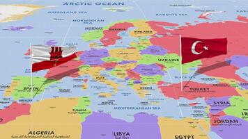 Gibraltar and Turkey Flag Waving with The World Map, Seamless Loop in Wind, 3D Rendering video