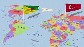 francese Guiana e tacchino bandiera agitando con il mondo carta geografica, senza soluzione di continuità ciclo continuo nel vento, 3d interpretazione video