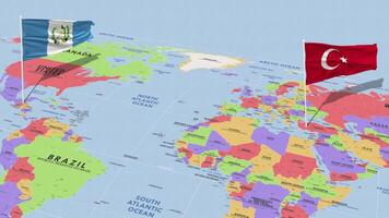 Guatemala and Turkey Flag Waving with The World Map, Seamless Loop in Wind, 3D Rendering video