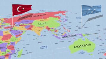 federado estados de micronesia y Turquía bandera ondulación con el mundo mapa, sin costura lazo en viento, 3d representación video