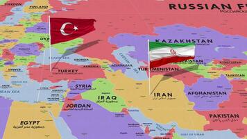 Iran and Turkey Flag Waving with The World Map, Seamless Loop in Wind, 3D Rendering video