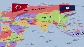 Laos and Turkey Flag Waving with The World Map, Seamless Loop in Wind, 3D Rendering video