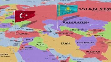 Kazakhstan and Turkey Flag Waving with The World Map, Seamless Loop in Wind, 3D Rendering video