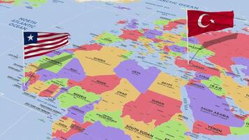 Liberia and Turkey Flag Waving with The World Map, Seamless Loop in Wind, 3D Rendering video